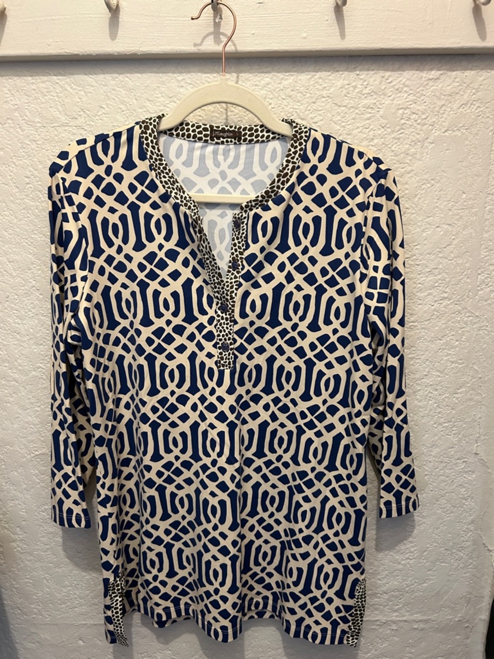 Geometric Navy and Cream Split-Neck Tunic